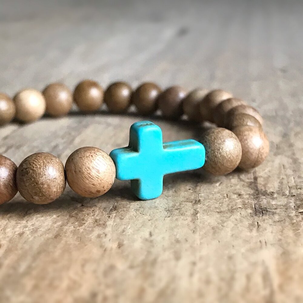 Wood Bead Bracelet with Turquoise Sideways Cross - Unisex - Picture 3 of 5